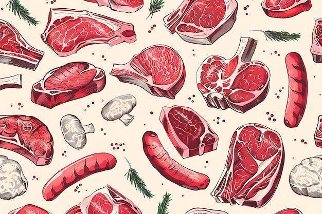 Photo seamless pattern of assorted meat cuts and sausages with herbs