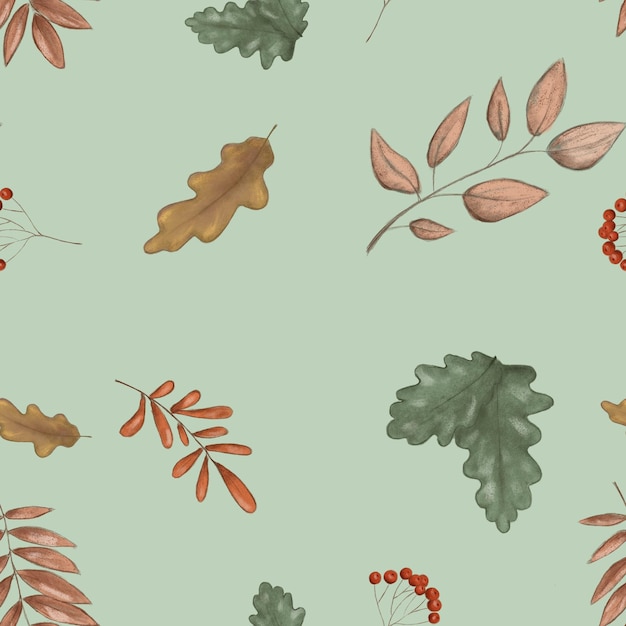 seamless pattern on autumn theme, pumpkins and foliage in vintage style, hand drawn