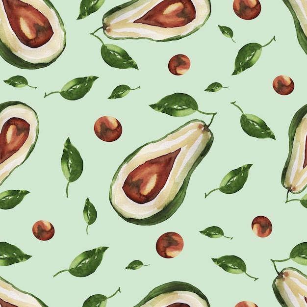 Seamless pattern avocado watercolor illustration.