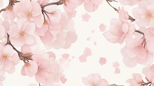 A seamless pattern background featuring a delicate pattern of blooming cherry blossoms in a watercolor style with soft pastel hues