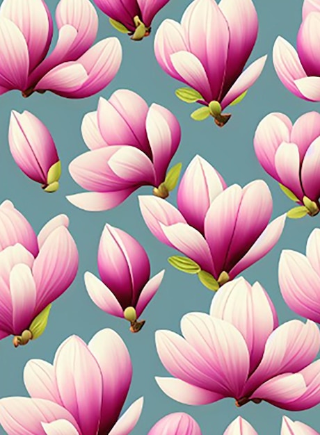 Seamless pattern background featuring a delicate pattern of blooming magnolia flowers in soft pastel shades against a serene backdrop