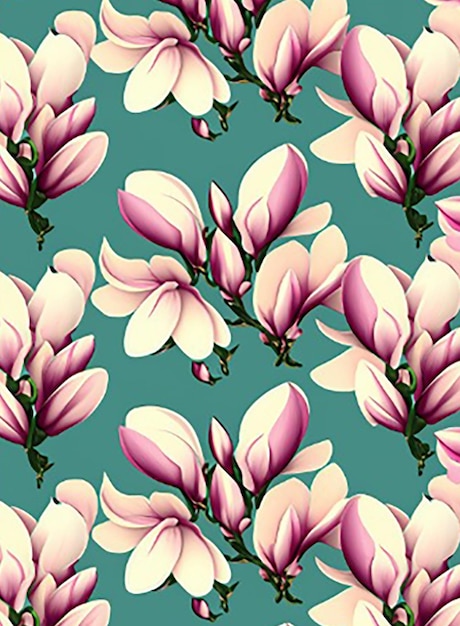 Seamless pattern background featuring a delicate pattern of blooming magnolia flowers in soft pastel shades against a serene backdrop