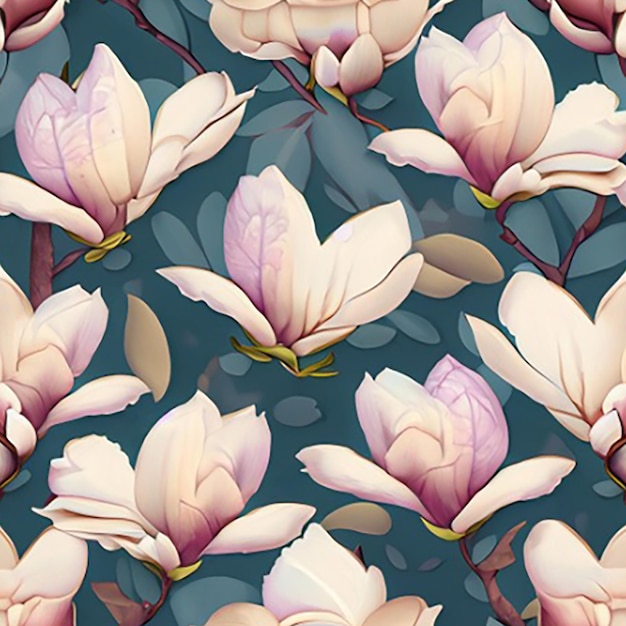 Seamless pattern background featuring a delicate pattern of blooming magnolia flowers in soft pastel shades against a serene backdrop