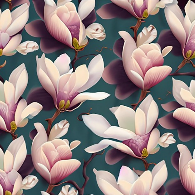 Seamless pattern background featuring a delicate pattern of blooming magnolia flowers in soft pastel shades against a serene backdrop