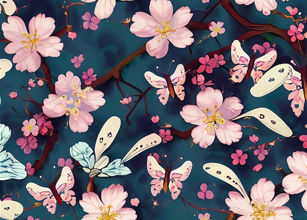 Seamless pattern background incorporating a mix of delicate cherry blossoms and swirling butterflies