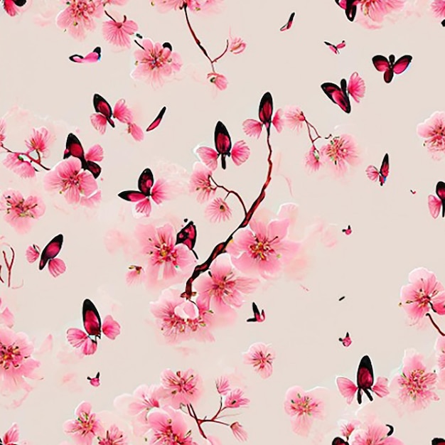 Seamless pattern background incorporating a mix of delicate cherry blossoms and swirling butterflies