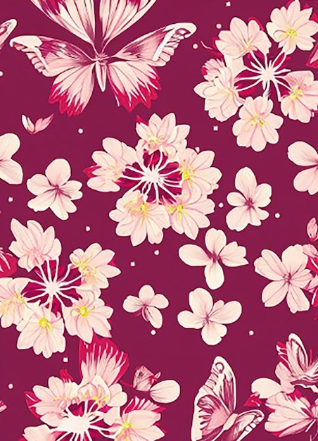 Seamless pattern background incorporating a mix of delicate cherry blossoms and swirling butterflies