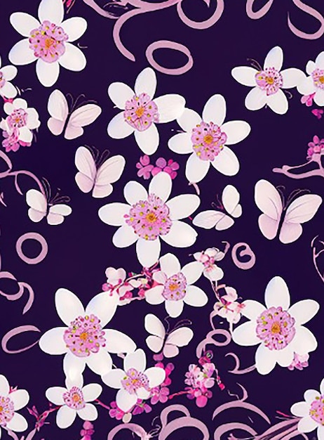 Seamless pattern background incorporating a mix of delicate cherry blossoms and swirling butterflies