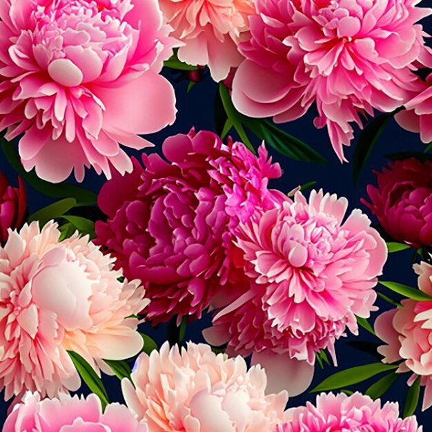 Seamless pattern background with a collection of vibrant peonies and their lush voluminous petals