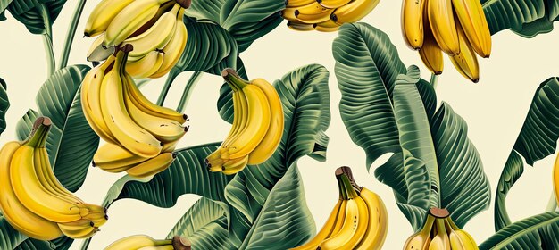 Photo seamless pattern of banana clusters and leaves vintage