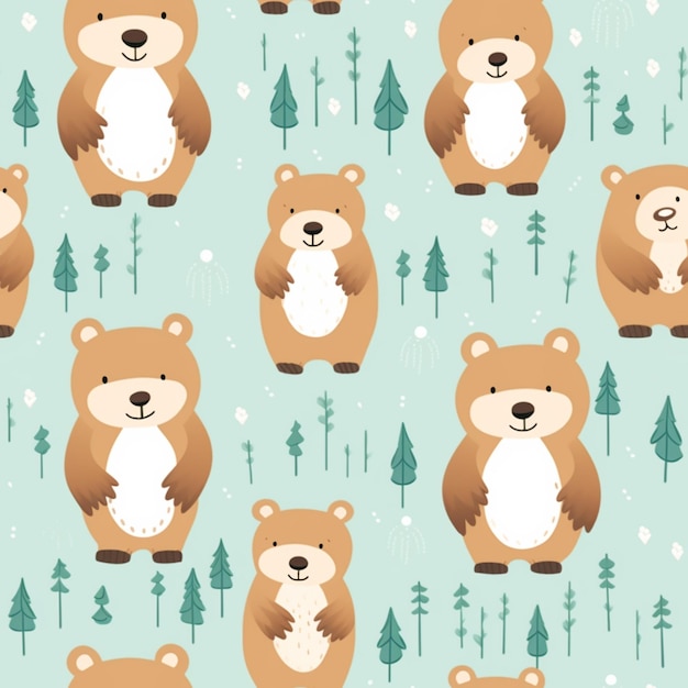 seamless pattern of a bear and a bear cub in a forest generative ai