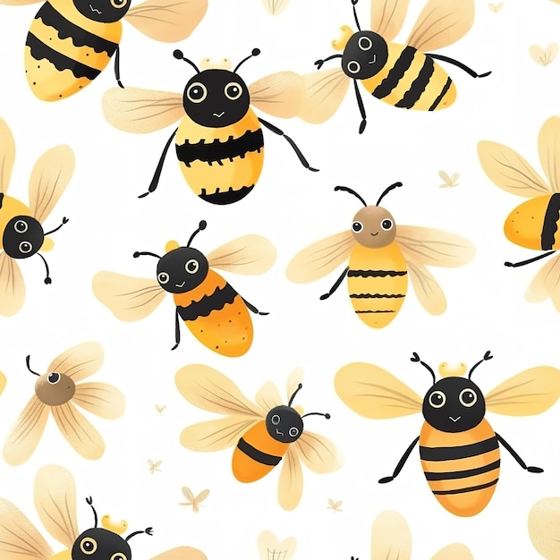 A seamless pattern of bees with yellow and orange markings and a bee with a green eyes.