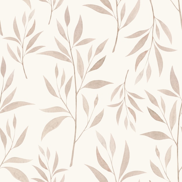 Seamless pattern beige watercolor twigs with leaves on a light background handdrawn