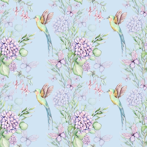 Seamless pattern of a bird and flowers.