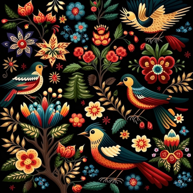 Seamless pattern of birds and flowers