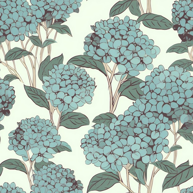 A seamless pattern of blue hydrangea flowers with green leaves.