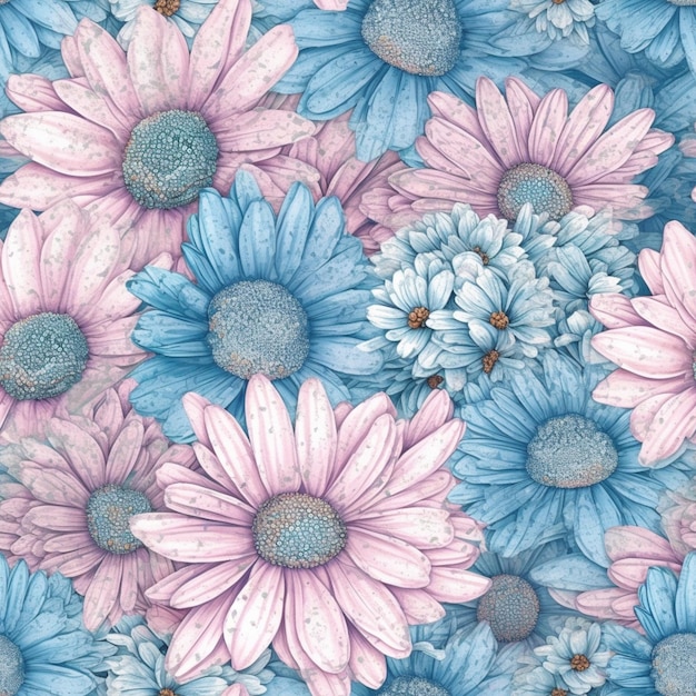 A seamless pattern of blue and pink flowers with white petals.