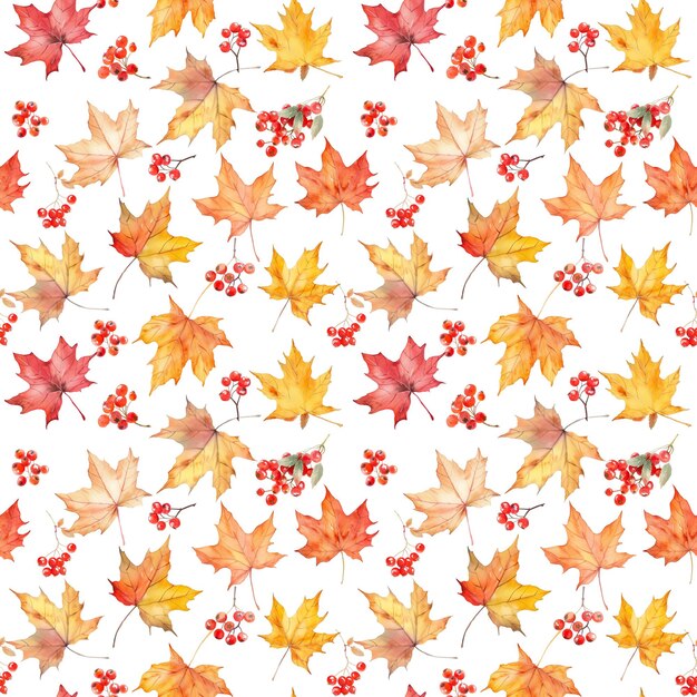 Seamless pattern of bright autumn painted leaves and berries