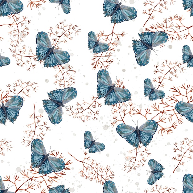 Photo seamless pattern a bright blue butterfly with gold streaks on its wings and brown twigs