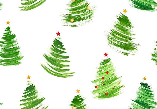 Seamless pattern of brushdrawn Christmas trees on a white isolated background