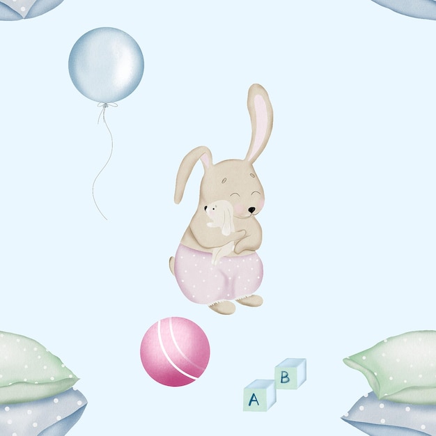 seamless pattern bunnies mom and baby cute childish pattern with bunnies pillows balloons ball