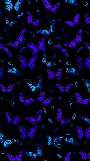 A seamless pattern of butterflies on a black background.