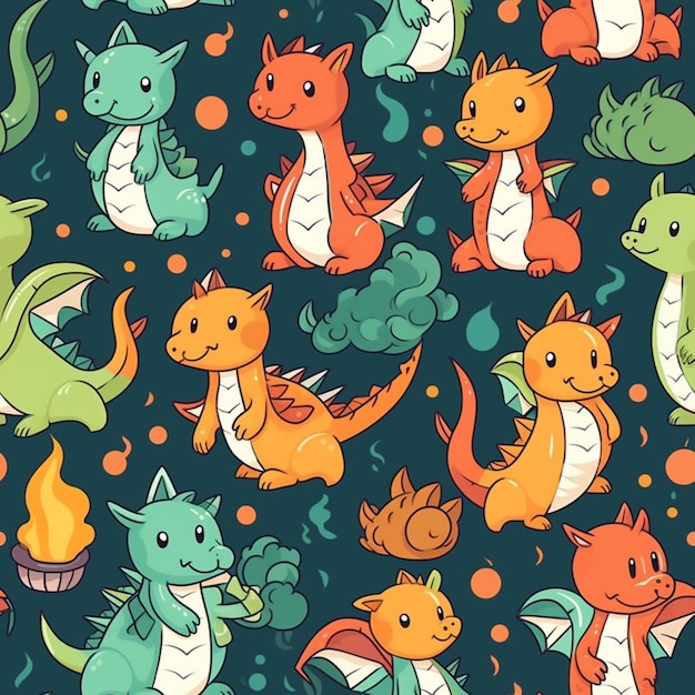 seamless pattern of cartoon dragon characters on a dark background generative ai