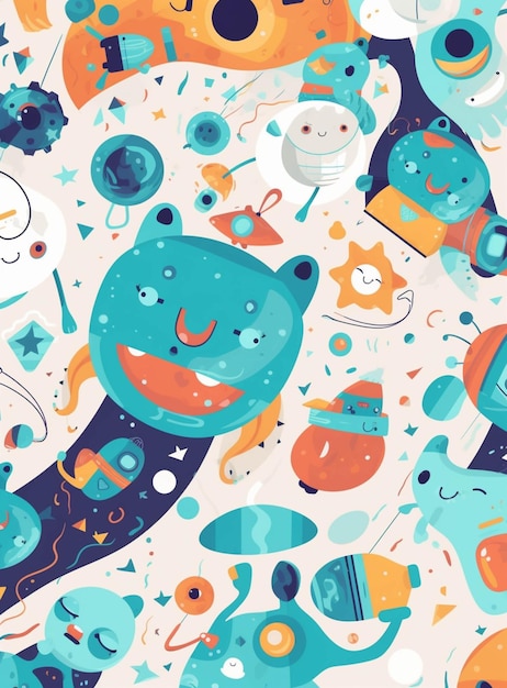 Seamless pattern of cartoon fish and space objects generative ai