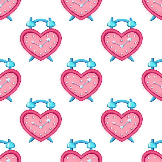 Seamless pattern of cartoon heart shaped alarm clock showing time Design for Valentines Day