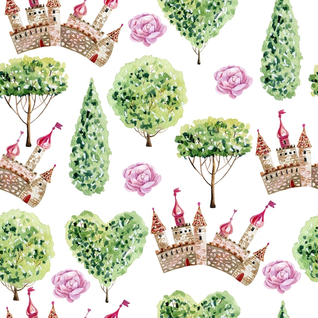 Seamless pattern of a castle trees and roses watercolor hand drawn illustration