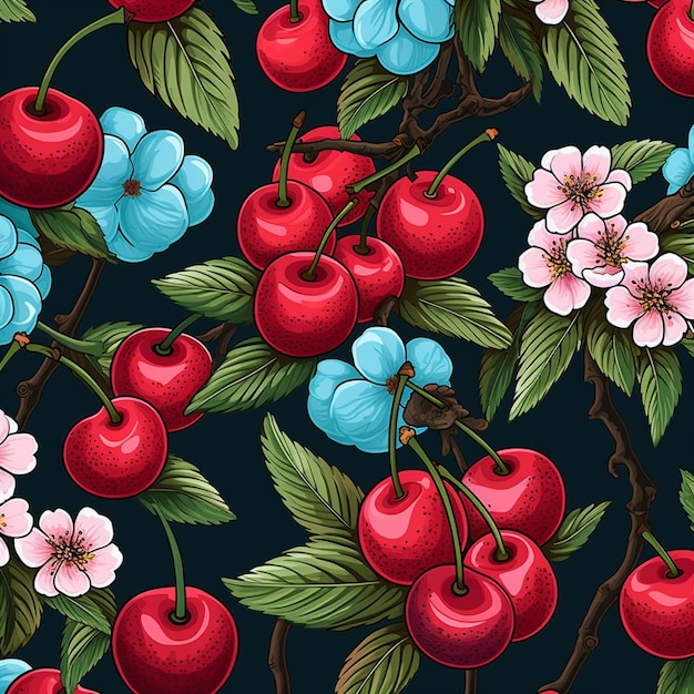 Seamless pattern of cherry and cherry blossom on a dark background generative ai