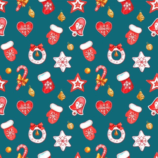 seamless pattern of Christmas toys painted with watercolor