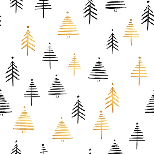 Seamless pattern of Christmas trees painted in black and gold on a white isolated background