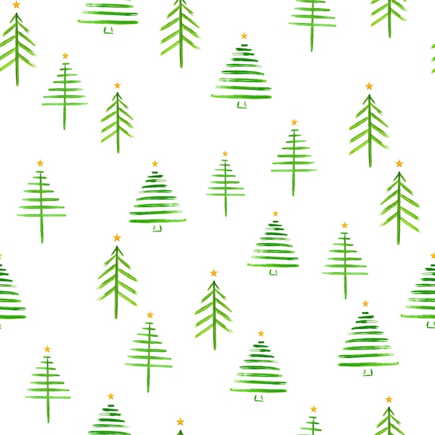 Seamless pattern of Christmas trees painted with brush strokes on a white isolated background