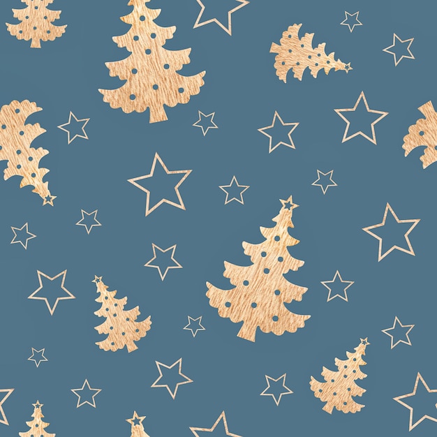 Seamless pattern of christmas wooden trees and stars on dark blue background