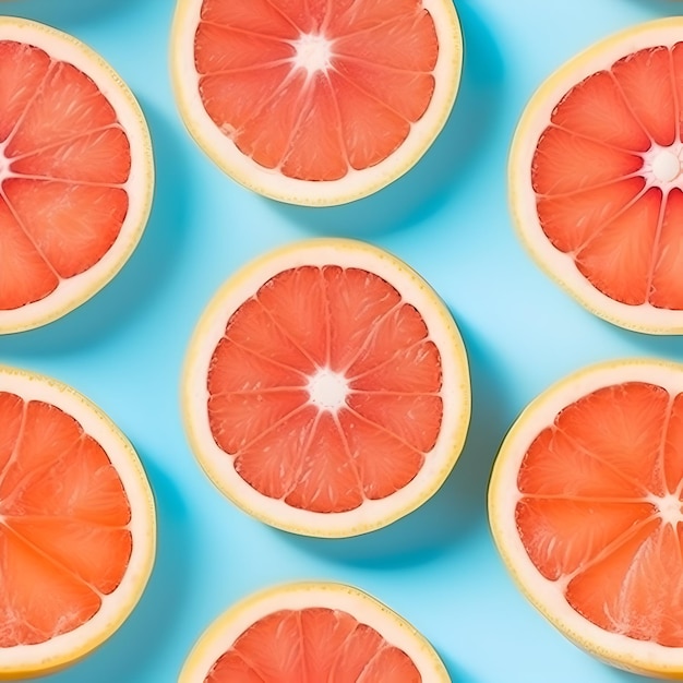 Seamless pattern of citrus grapefruit lemons and oranges on blue background