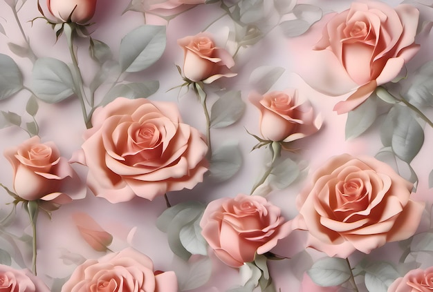 Photo seamless pattern collage with beautiful pink roses against a light background