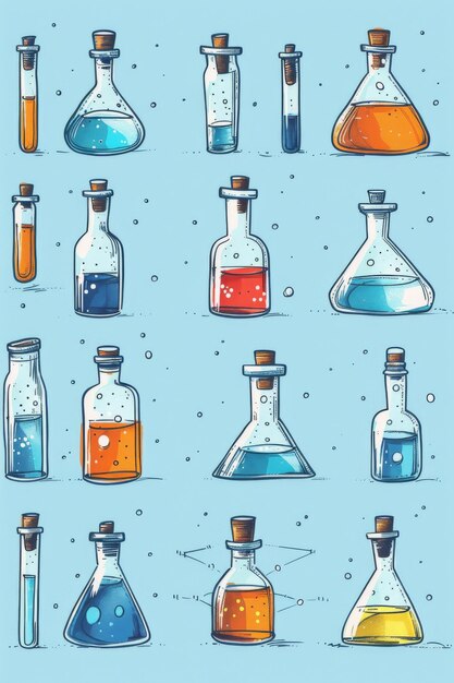 Photo a seamless pattern of colorful cartoon doodle style science bottles in various shapes and sizes perfect for back to school or sciencethemed projects back to school