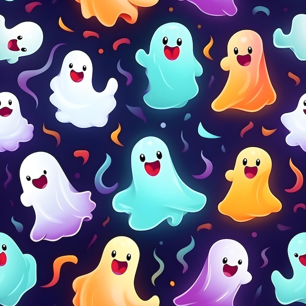 Seamless pattern Colorful cute ghosts floating with cheerful expressions Generative AI tools