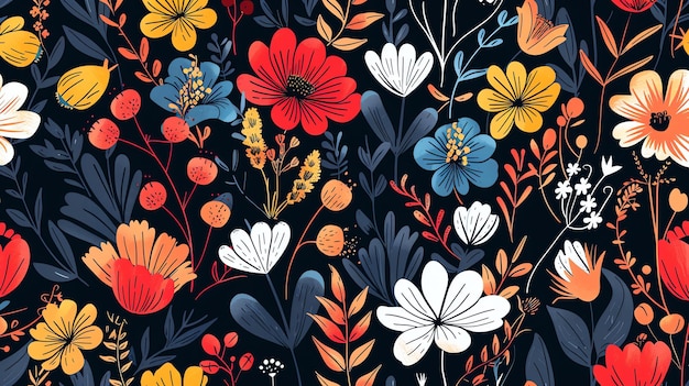 A seamless pattern of colorful flowers and leaves on a dark background