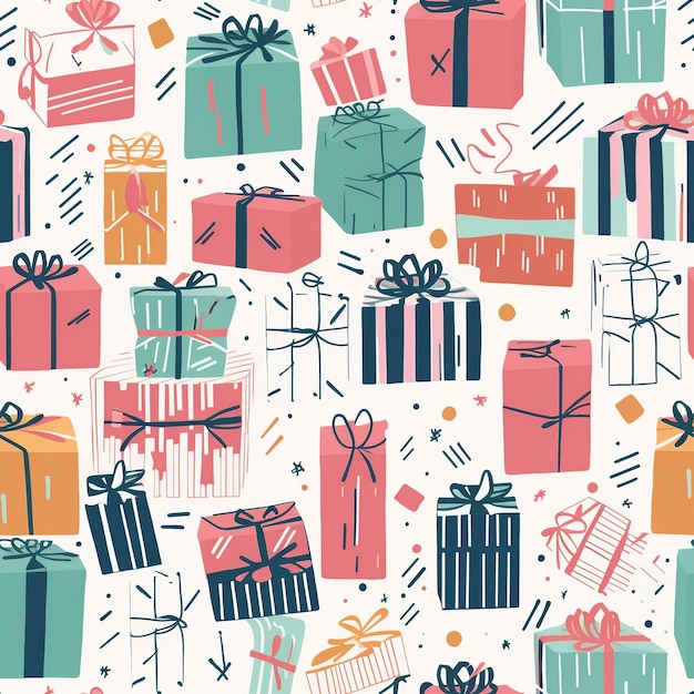 A seamless pattern of colorful gift boxes with the words gift on the top.