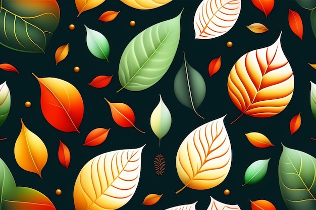 A seamless pattern of colorful leaves on a dark background.