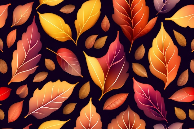 A seamless pattern of colorful leaves on a dark background.