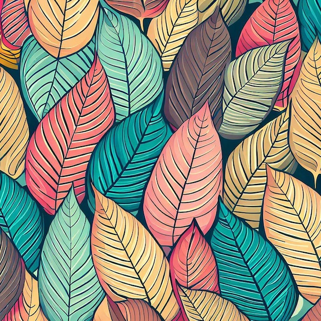 a seamless pattern of colorful leaves in different shades of pink yellow and green