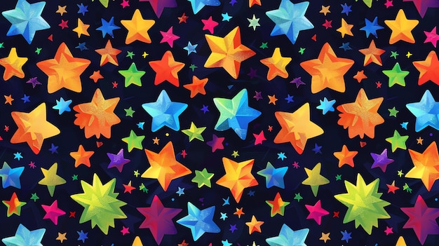 Seamless pattern of colorful stars against a dark blue background