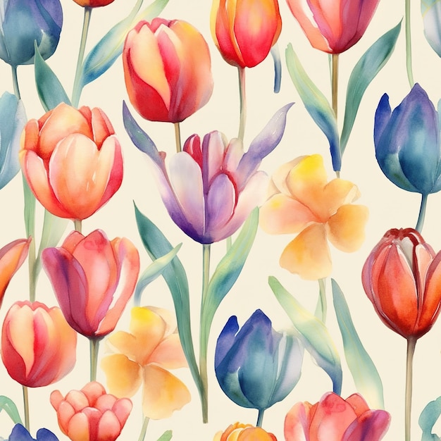 Seamless pattern of colorful tulips on a yellow background.