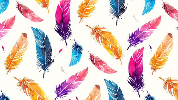 A seamless pattern of colorful watercolor feathers