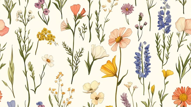 Photo a seamless pattern of colorful wildflowers on a white background