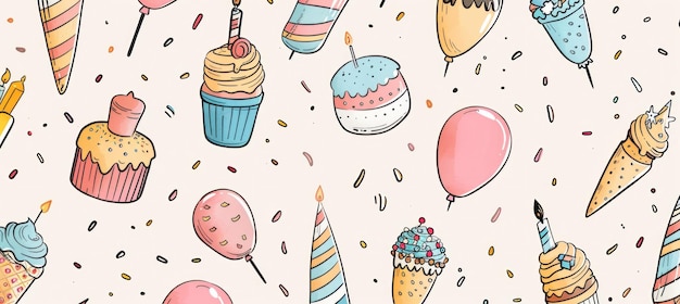 A seamless pattern of cupcakes ice cream cones balloons and confetti on a white background