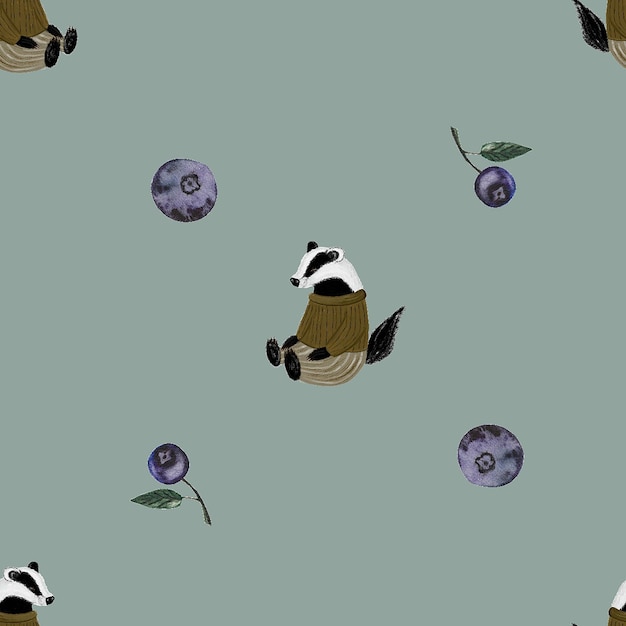 seamless pattern cute badger with wild berries for baby textile